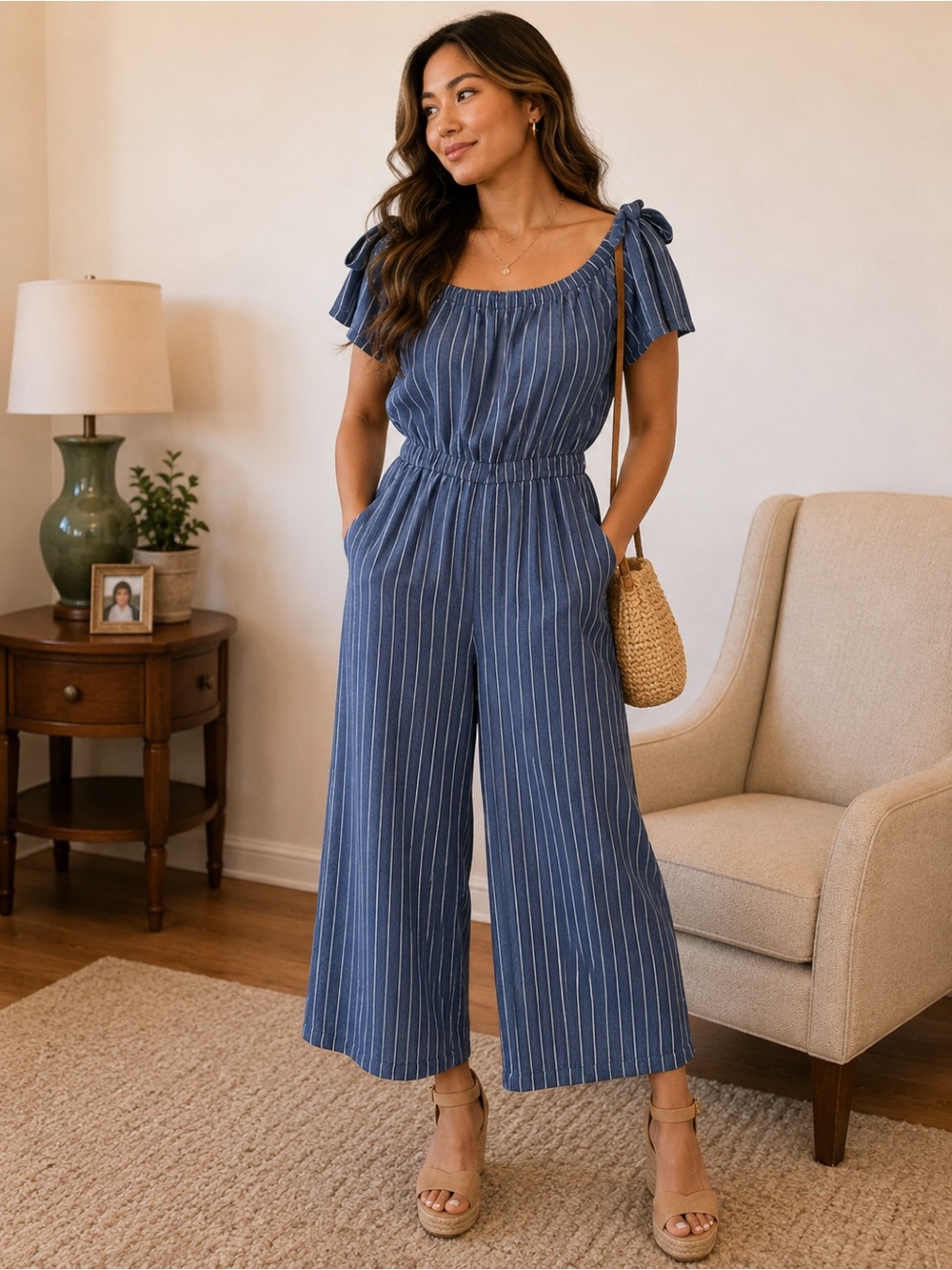 Striped Blue Wide-Leg Jumpsuit with Tie Shoulders